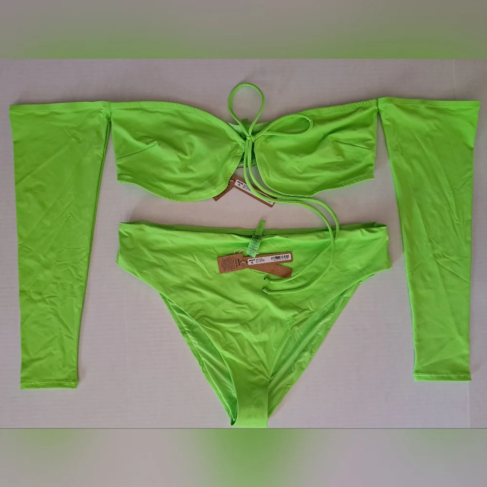 ⛱️NWT SKIMS 2 Piece long sleeve Bikini Top & Midrise bottoms Set NEON GREEN 3X